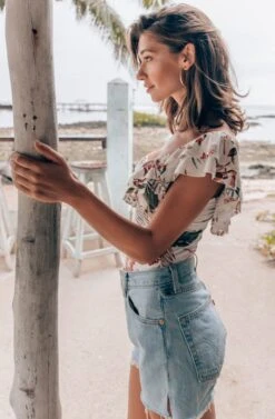 Double Ruffle Off The Shoulder Rib Bodysuit -Outlet Cozi Luxe Store A58A3890