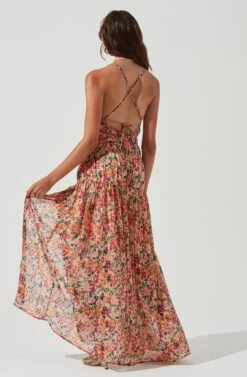 Tropics Plunge Neck Pleated Open Back Maxi Dress -Outlet Cozi Luxe Store ACDR101168 PEACHFUCHSIAFLORAL 0699 924c36b3 0cbb 4931 874e c4cd5678f6d7