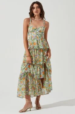 Midsummer Floral Tiered Maxi Dress -Outlet Cozi Luxe Store ACDR101226B GREENORANGEMULTIFLORAL 0707