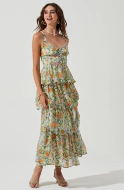 Midsummer Floral Tiered Maxi Dress -Outlet Cozi Luxe Store ACDR101226B GREENORANGEMULTIFLORAL 0719