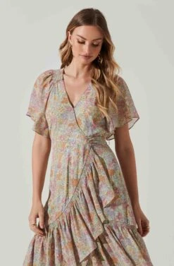 Adella Floral Flutter Sleeve Ruffle Midi Dress -Outlet Cozi Luxe Store ACDR101520C GREENPINKMULTIFLR 3