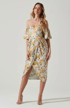 Zurina Floral Off Shoulder Midi Dress -Outlet Cozi Luxe Store ACDR101549 BLUEAPRICOTFLORAL 1