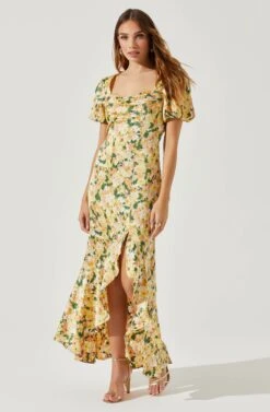 Dayanara Puff Sleeve Floral Maxi Dress -Outlet Cozi Luxe Store ACDR101589P GREENYELLOWFLORAL 1