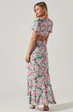 Dayanara Floral Puff Sleeve Midi Dress -Outlet Cozi Luxe Store ACDR101589 GREENPINKFLORAL 5 1