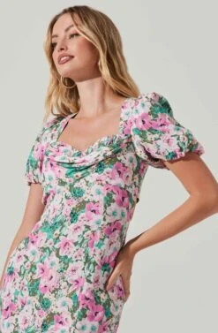 Dayanara Floral Puff Sleeve Midi Dress -Outlet Cozi Luxe Store ACDR101589 GREENPINKFLORAL 5 3