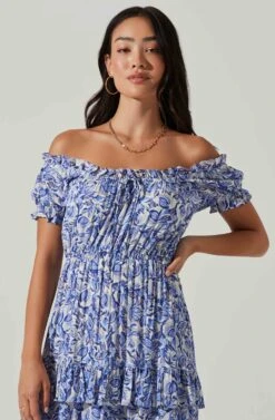 Viona Floral Off Shoulder Tiered Maxi Dress -Outlet Cozi Luxe Store ACDR101591 BLUEWHITEMULTI 3