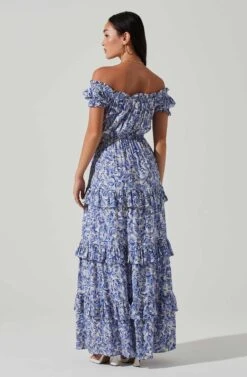 Viona Floral Off Shoulder Tiered Maxi Dress -Outlet Cozi Luxe Store ACDR101591 BLUEWHITEMULTI 5