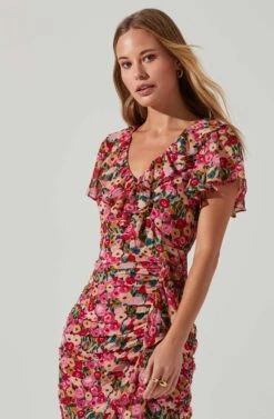 Vilma Floral Ruched Midi Dress -Outlet Cozi Luxe Store ACDR101621 REDMULTIFLORAL 3