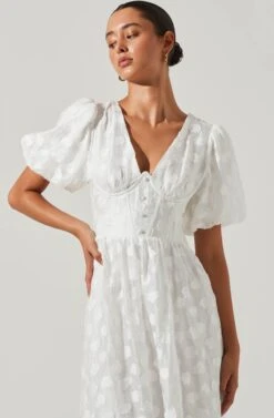 Sandy Polka Dot Puff Sleeve Midi Dress -Outlet Cozi Luxe Store ACDR101622 WHITEJACQUARD 2