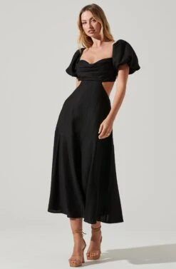 Winley Puff Sleeve Cutout Midi Dress -Outlet Cozi Luxe Store ACDR101685 BLACK 1