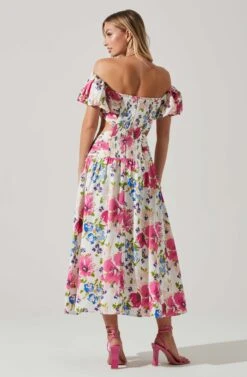 Liliosa Floral Off Shoulder Midi Dress -Outlet Cozi Luxe Store ACDR101726 PINKMULTI 2600