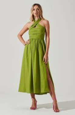Zaria Pleated Halter Midi Dress -Outlet Cozi Luxe Store ACDR101778 AVOCADO 1
