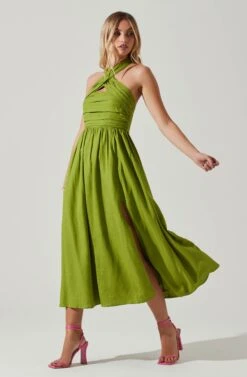 Zaria Pleated Halter Midi Dress -Outlet Cozi Luxe Store ACDR101778 AVOCADO 2