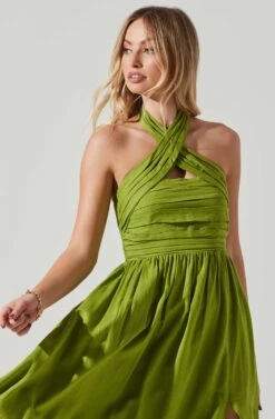 Zaria Pleated Halter Midi Dress -Outlet Cozi Luxe Store ACDR101778 AVOCADO 3