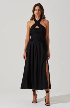 Zaria Pleated Halter Midi Dress -Outlet Cozi Luxe Store ACDR101778 BLACK 1