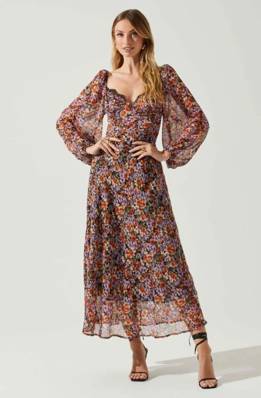 Sylvie Floral Puff Sleeve Midi Dress -Outlet Cozi Luxe Store ACDR101889 ORANGEPURPLEFLORAL 1