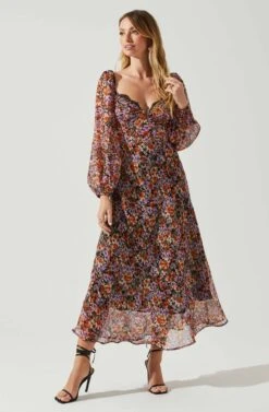 Sylvie Floral Puff Sleeve Midi Dress -Outlet Cozi Luxe Store ACDR101889 ORANGEPURPLEFLORAL 2