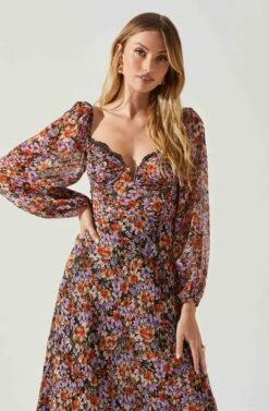 Sylvie Floral Puff Sleeve Midi Dress -Outlet Cozi Luxe Store ACDR101889 ORANGEPURPLEFLORAL 4
