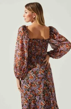 Sylvie Floral Puff Sleeve Midi Dress -Outlet Cozi Luxe Store ACDR101889 ORANGEPURPLEFLORAL 5