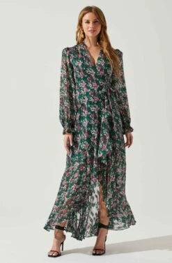 Kamila Long Sleeve Floral Wrap Maxi Dress -Outlet Cozi Luxe Store ACDR101894 GREENPINKFLORAL 1