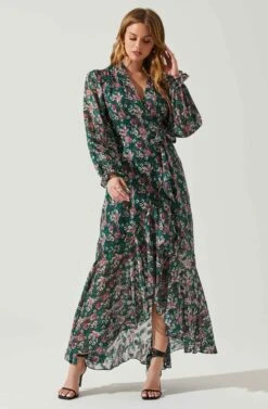 Kamila Long Sleeve Floral Wrap Maxi Dress -Outlet Cozi Luxe Store ACDR101894 GREENPINKFLORAL 2