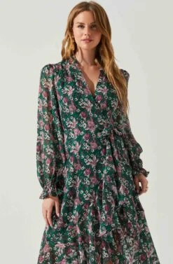 Kamila Long Sleeve Floral Wrap Maxi Dress -Outlet Cozi Luxe Store ACDR101894 GREENPINKFLORAL 3