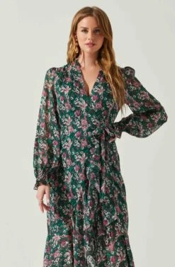 Kamila Long Sleeve Floral Wrap Maxi Dress -Outlet Cozi Luxe Store ACDR101894 GREENPINKFLORAL 4