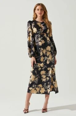 Suzy Floral Satin Front Cutout Midi Dress -Outlet Cozi Luxe Store ACDR101971 BLACKCREAMFLORAL 1