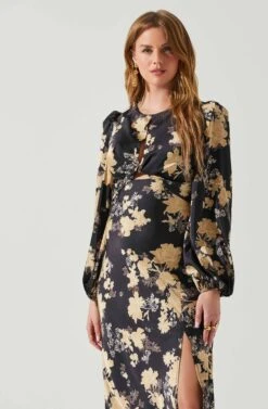 Suzy Floral Satin Front Cutout Midi Dress -Outlet Cozi Luxe Store ACDR101971 BLACKCREAMFLORAL 4