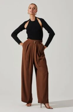 Boyfriend Criss Cross Pleated Wide Leg Pants -Outlet Cozi Luxe Store ACP7225 BROWN 1 2