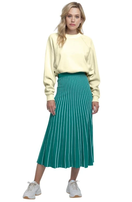 Yuri Pleated Midi Skirt -Outlet Cozi Luxe Store ACS9012 GREEN WHITE STRIPE 01