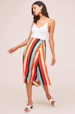 Monica Striped Midi Skirt -Outlet Cozi Luxe Store ACS9020 AQUA ORANGE STRIPE 1A