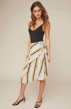 Dallas Striped Asymmetrical Midi Skirt -Outlet Cozi Luxe Store ACS9021 TAUPE TANGERINE STRIPE 2A