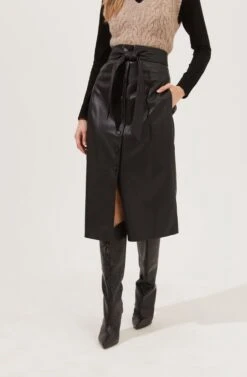 Lorette Tie Waist Faux Leather Midi Skirt -Outlet Cozi Luxe Store ACS9065 BLACK 3