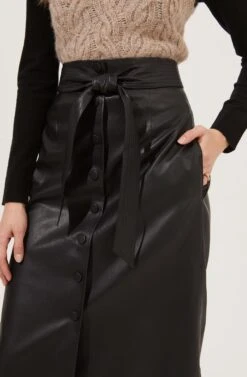 Lorette Tie Waist Faux Leather Midi Skirt -Outlet Cozi Luxe Store ACS9065 BLACK 4