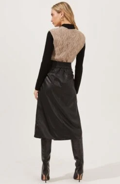 Lorette Tie Waist Faux Leather Midi Skirt -Outlet Cozi Luxe Store ACS9065 BLACK 5