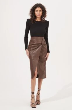 Kari Faux Leather Twist Front Midi Skirt 21 Kari Faux Leather Twist Front Midi Skirt -Outlet Cozi Luxe Store ACS9076 BROWN 1