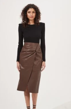 Kari Faux Leather Twist Front Midi Skirt 18 Kari Faux Leather Twist Front Midi Skirt -Outlet Cozi Luxe Store ACS9076 BROWN 2