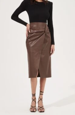 Kari Faux Leather Twist Front Midi Skirt 22 Kari Faux Leather Twist Front Midi Skirt -Outlet Cozi Luxe Store ACS9076 BROWN 3