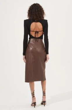 Kari Faux Leather Twist Front Midi Skirt 20 Kari Faux Leather Twist Front Midi Skirt -Outlet Cozi Luxe Store ACS9076 BROWN 5