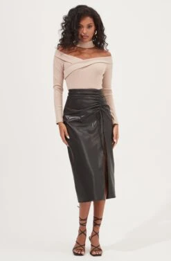 Alondra Ruched Faux Leather Midi Skirt -Outlet Cozi Luxe Store ACS9082 BLACK 1