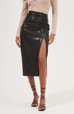 Alondra Ruched Faux Leather Midi Skirt -Outlet Cozi Luxe Store ACS9082 BLACK 3
