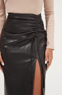 Alondra Ruched Faux Leather Midi Skirt -Outlet Cozi Luxe Store ACS9082 BLACK 4
