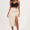 Alondra Ruched Faux Leather Midi Skirt -Outlet Cozi Luxe Store ACS9082 CREAM 1
