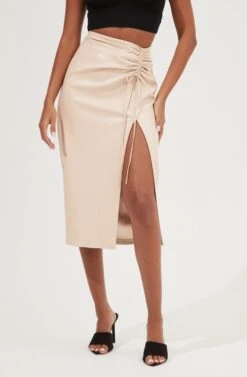 Alondra Ruched Faux Leather Midi Skirt -Outlet Cozi Luxe Store ACS9082 CREAM 3