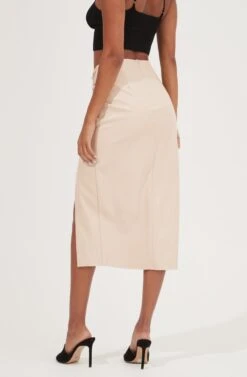 Alondra Ruched Faux Leather Midi Skirt -Outlet Cozi Luxe Store ACS9082 CREAM 6