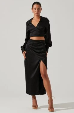 Loretta Satin Wrap Front Midi Skirt -Outlet Cozi Luxe Store ACS9111VR BLACK 1