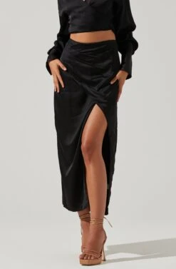 Loretta Satin Wrap Front Midi Skirt -Outlet Cozi Luxe Store ACS9111VR BLACK 3