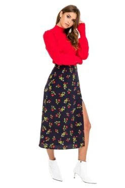 Button Side Slit Midi Skirt -Outlet Cozi Luxe Store ACS923B NAVY CHERRY PRINT 02