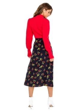 Button Side Slit Midi Skirt -Outlet Cozi Luxe Store ACS923B NAVY CHERRY PRINT 03
